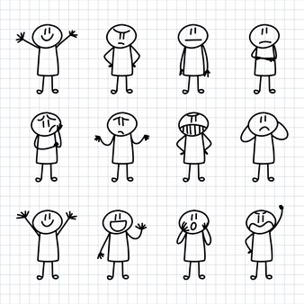 Set of man drawing, different poses, stick figure people pictogram