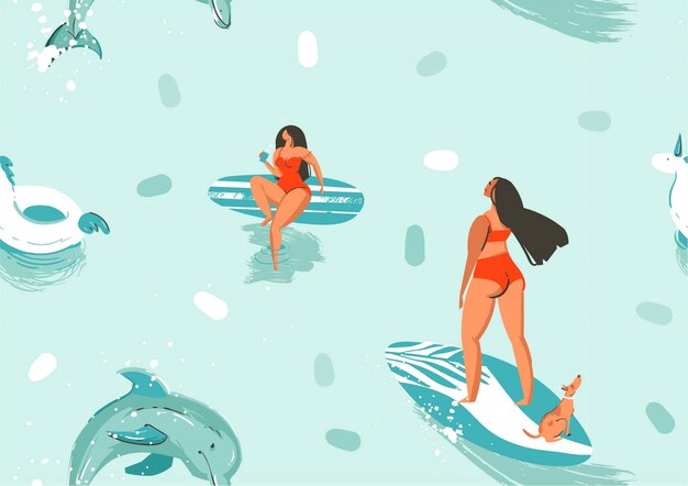 水中海イルカ イラスト 青い海の水で魚 海洋水生哺乳類動物 サンゴとサンゴ礁の野生生物 プレミアムベクター