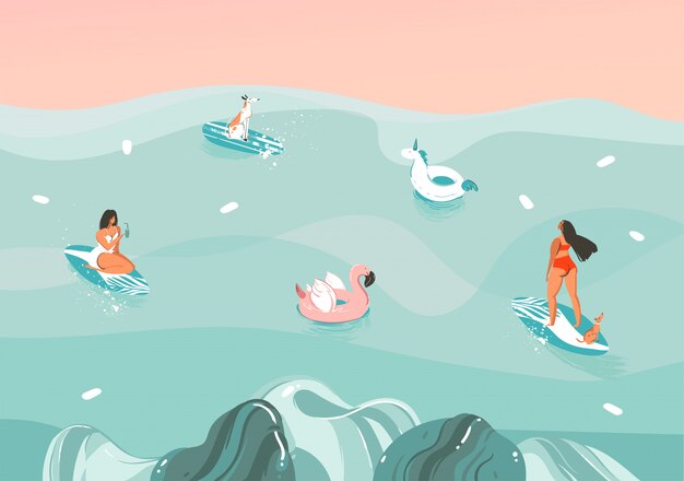 手描きのストック抽象的なグラフィックイラストは 海の波の風景 水泳 サーフィンの色の背景に分離された面白い日光浴家族の人々のグループです プレミアムベクター