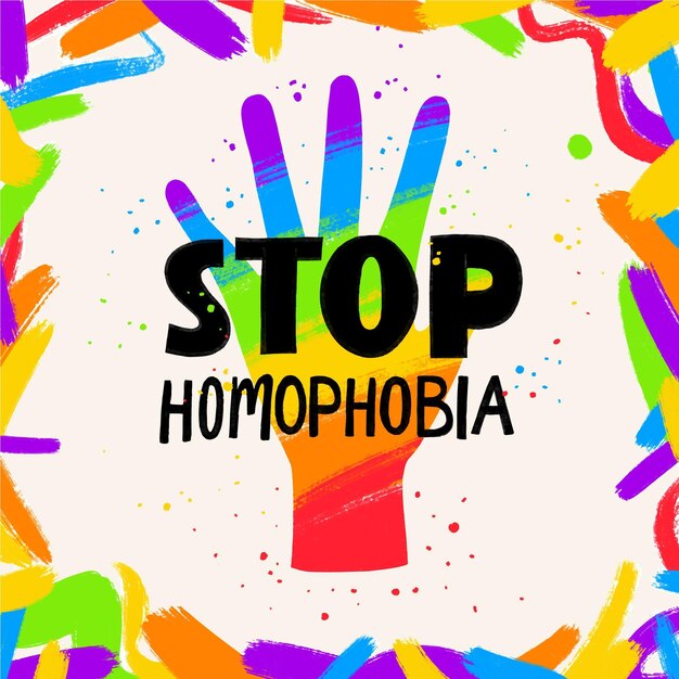 Нарисованная рукой иллюстрация остановки гомофобии в цветах радуги