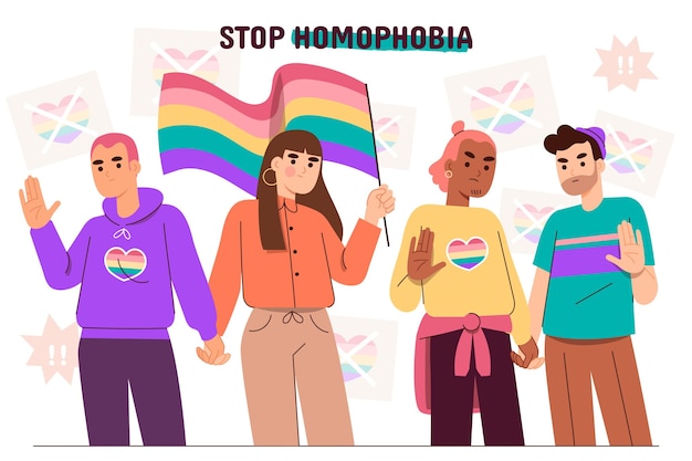 Hand drawn stop homophobia with flag