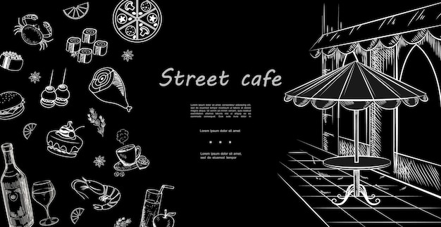 Бесплатное векторное изображение Нарисованный рукой шаблон меню уличного кафе с мясной пиццей, морепродуктами, бургером, торт, бутылка, бокал вина, сока, чашка чая, иллюстрация