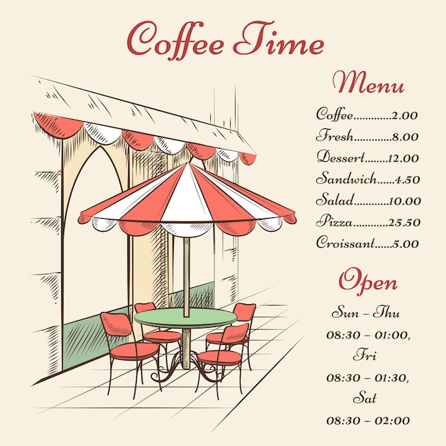 Vettore gratuito menu di caffè di strada disegnato a mano