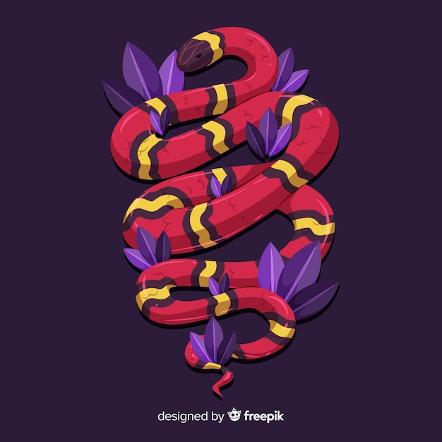 Hand drawn striped snake with leaves background