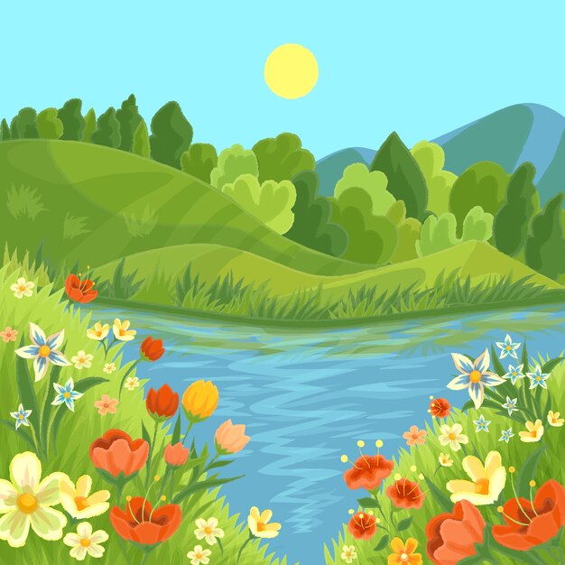 Hand drawn style beautiful spring landscape