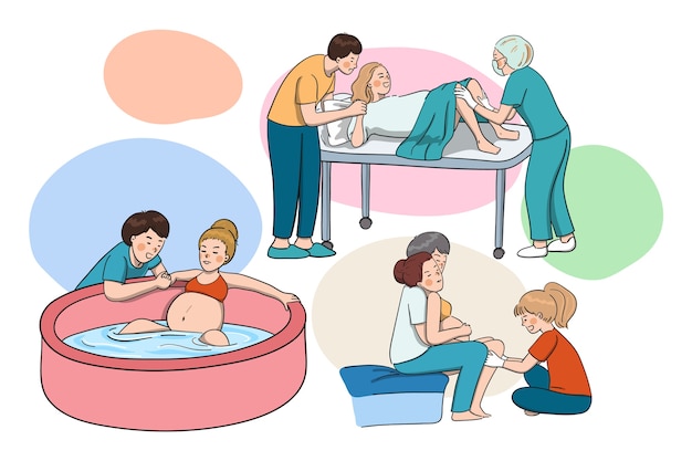 Hand drawn style childbirth scenes