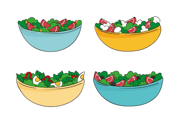 Ciotole di frutta e insalata stile disegnato a mano