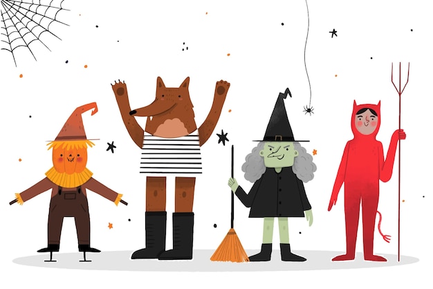 Vettore gratuito collezione di personaggi di halloween stile disegnato a mano