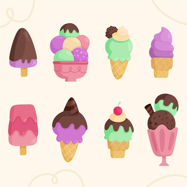 Коллекция мороженого в стиле рисованной