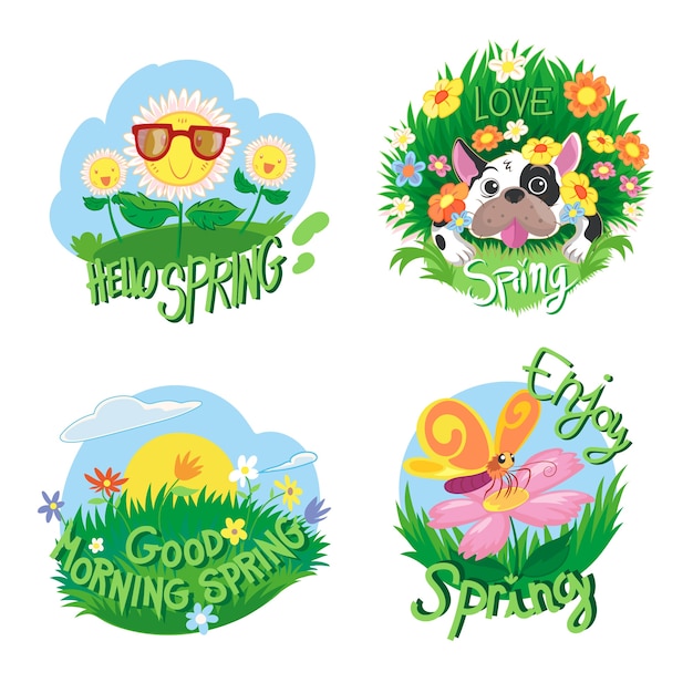 Hand drawn style spring badge collection