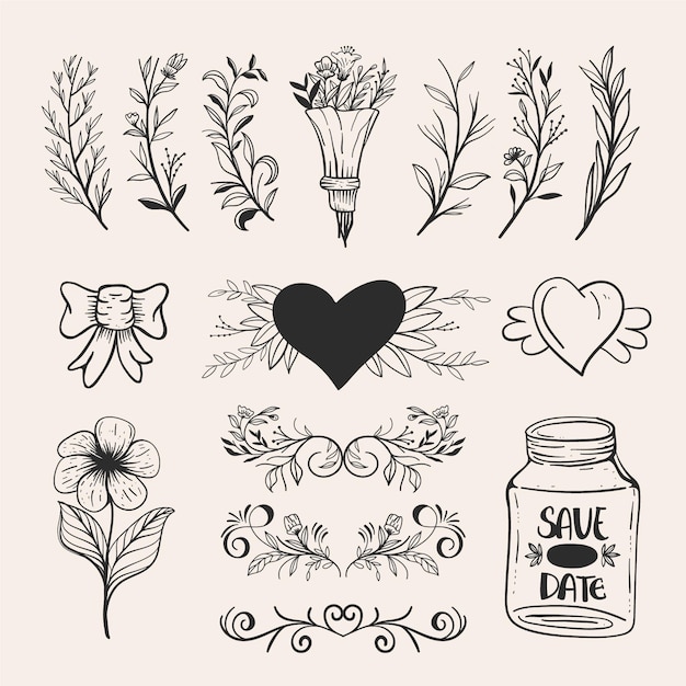 Free vector hand drawn style wedding ornament set