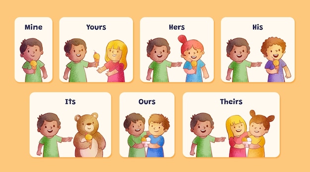 Free vector hand drawn  subject pronouns flash cards