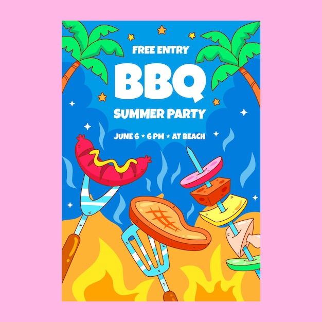 음식과 함께 손으로 그린 여름 바베큐 포스터 템플릿
