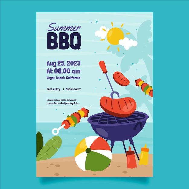 Barbecue estivo disegnato a mano al poster della spiaggia