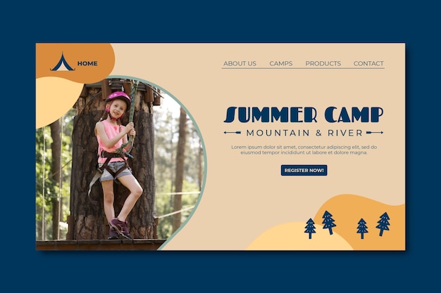 Бесплатное векторное изображение Нарисованная вручную целевая страница летнего лагеря