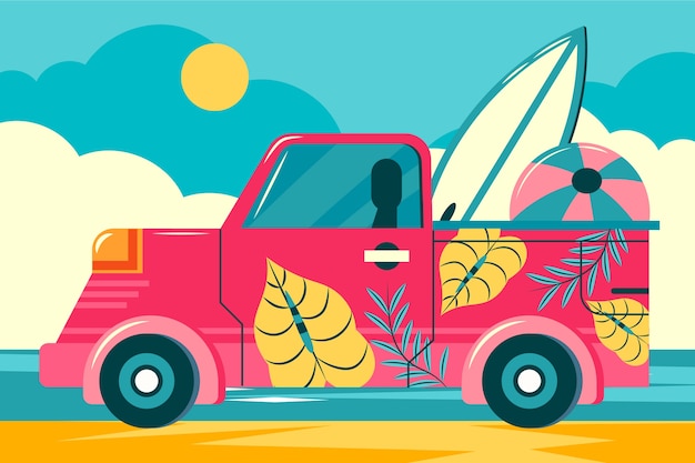 Бесплатное векторное изображение Нарисованная рукой иллюстрация летнего автомобиля