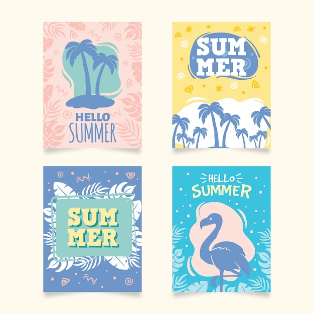 무료 벡터 손으로 그린 여름 카드 컬렉션 템플릿
