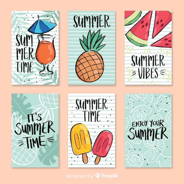 무료 벡터 손으로 그린 여름 카드 컬렉션