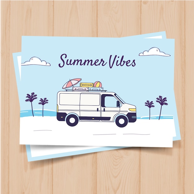 Free Hand Drawn Summer Card Template With Retro Bus Svg Dxf Eps Png Cut File Silhouette Icon