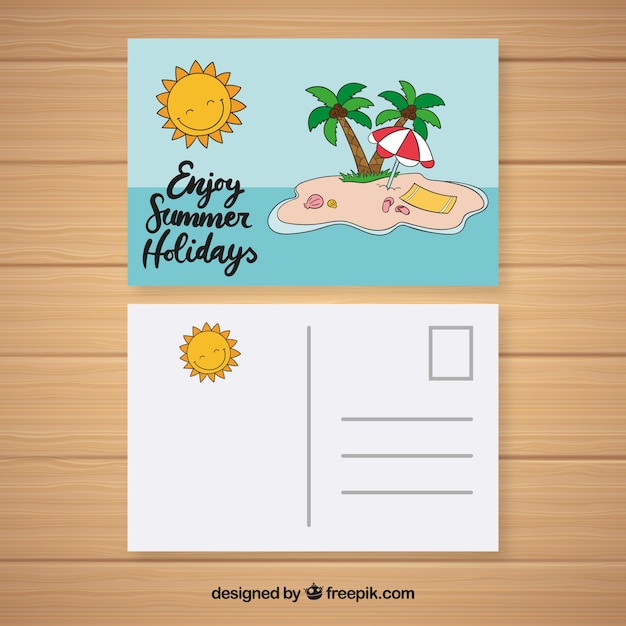 작은 섬 손으로 그린 여름 카드 템플릿