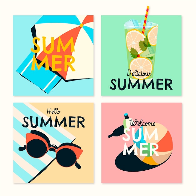 Бесплатное векторное изображение Коллекция рисованной летних открыток