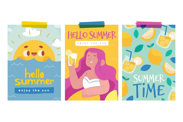 Hand drawn summer cards set