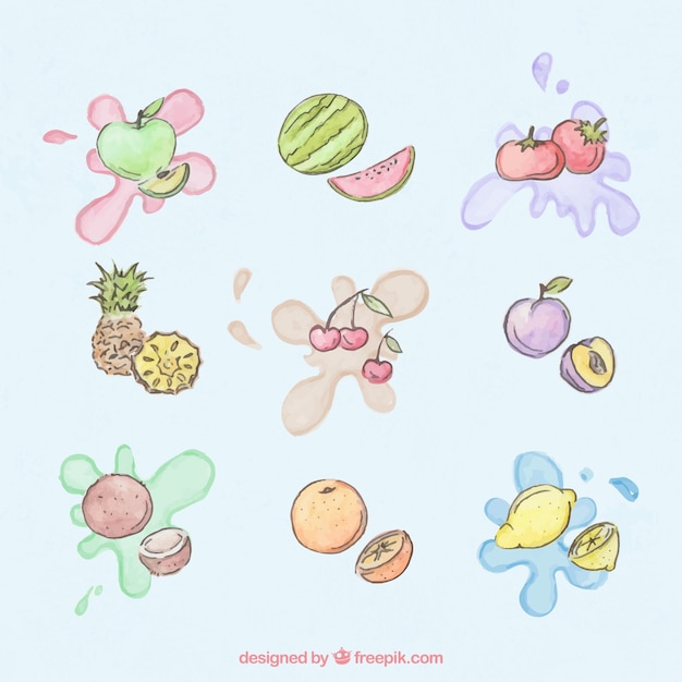 Hand drawn summer fruits with watercolor splashes