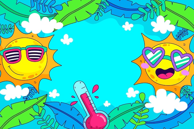 Hand drawn summer heat background with suns and thermometer