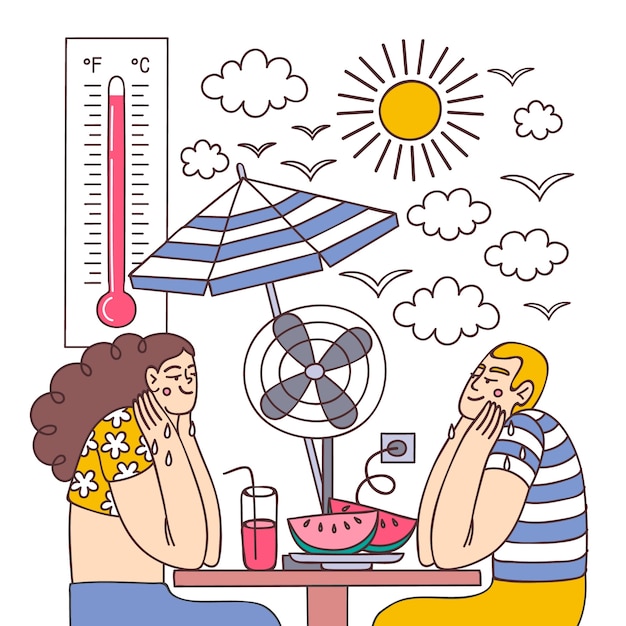 Нарисованная рукой иллюстрация летней жары с парой, поедающей арбуз