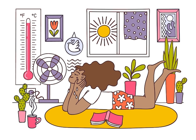 Нарисованная рукой иллюстрация летней жары с женщиной перед вентилятором