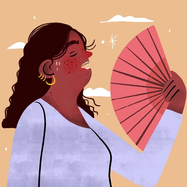 汗をかき、扇子を使用して女性と手描きの夏の暑さのイラスト