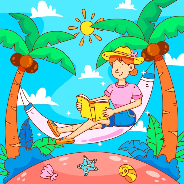 Ручной обращается летняя иллюстрация с женщиной, читающей книгу в гамаке
