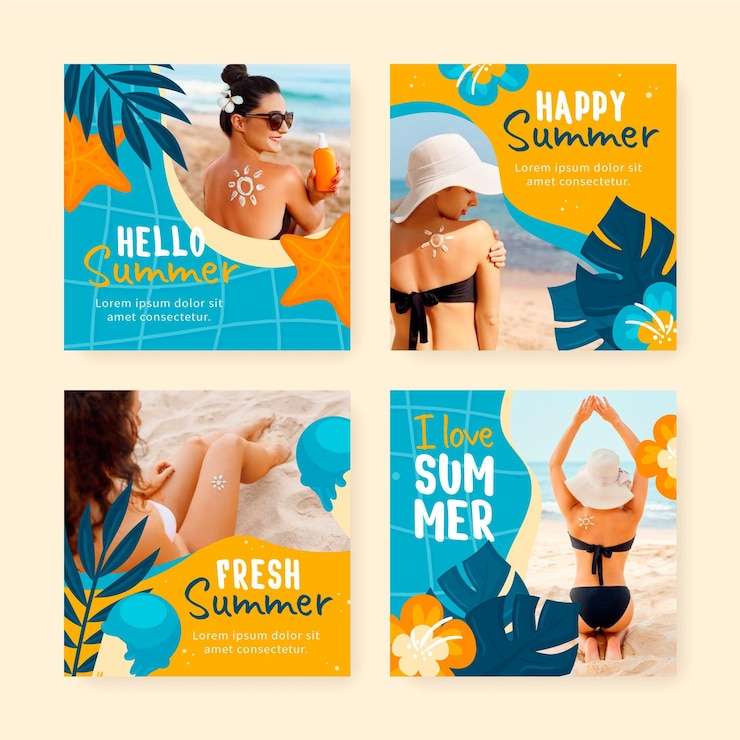 Free Vector hand drawn summer instagram posts collection with photo