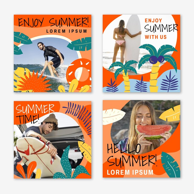 Free Vector hand drawn summer instagram posts collection with photo