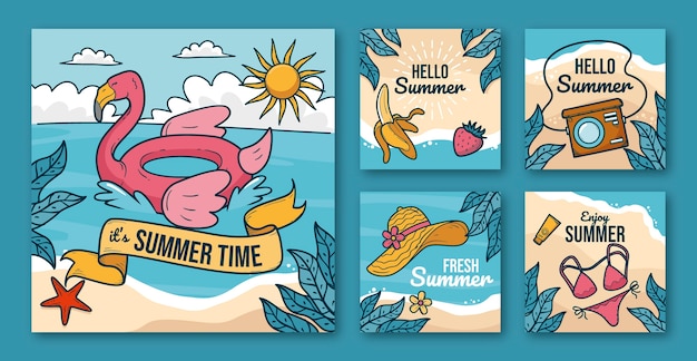 Free vector hand drawn summer instagram posts collection