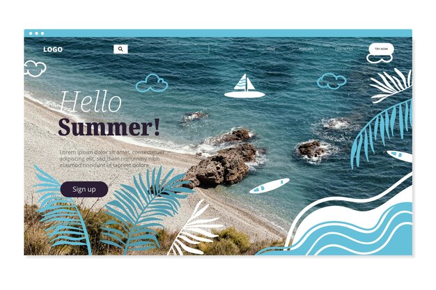 Hand drawn summer landing page template with photo