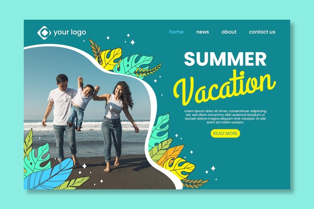 Hand drawn summer landing page template with photo