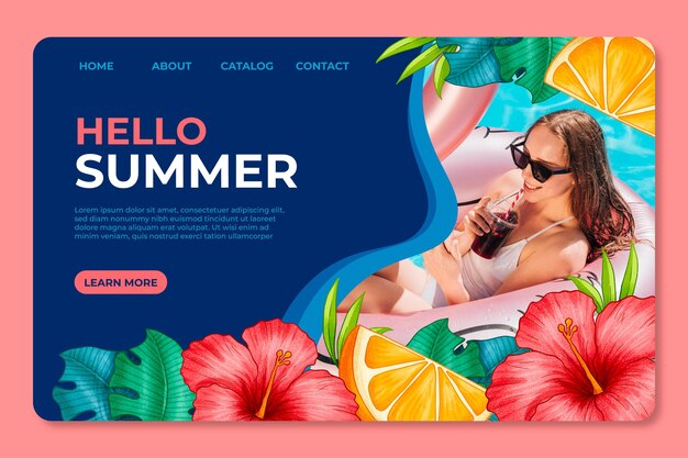 Hand drawn summer landing page template with photo