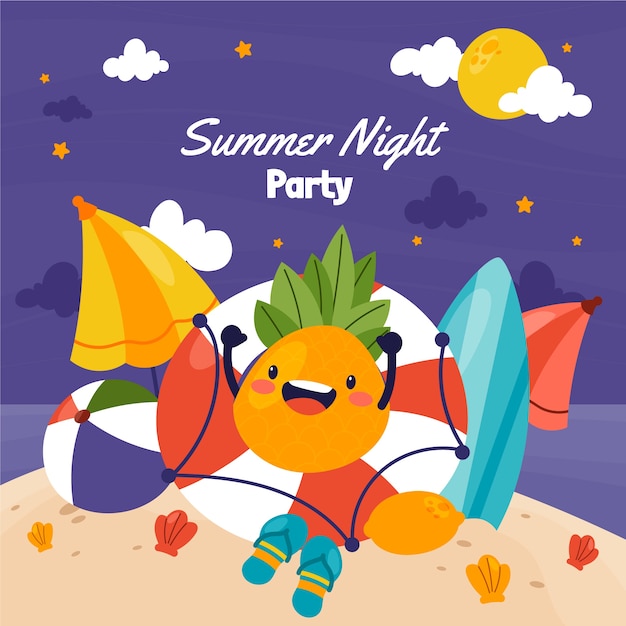 無料ベクター 手描きの夏の夜のビーチのイラスト