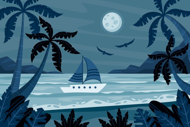 Нарисованная рукой иллюстрация лодки летней ночи