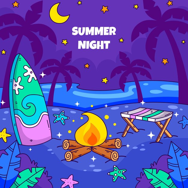 모닥불과 서핑 보드와 함께 손으로 그린 여름 밤 그림