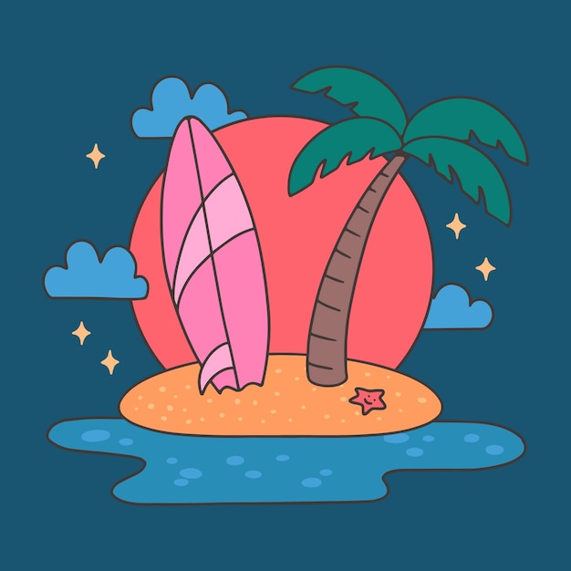 Free vector hand drawn summer night illustration with island and surfboard