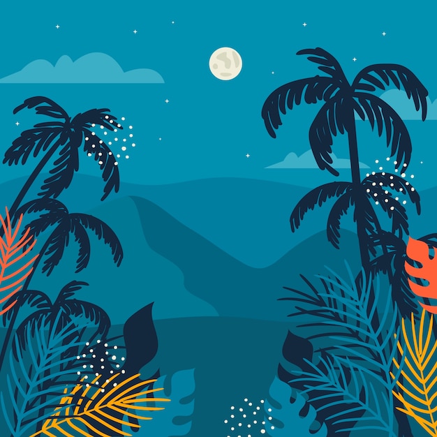 Hand drawn summer night illustration with trees