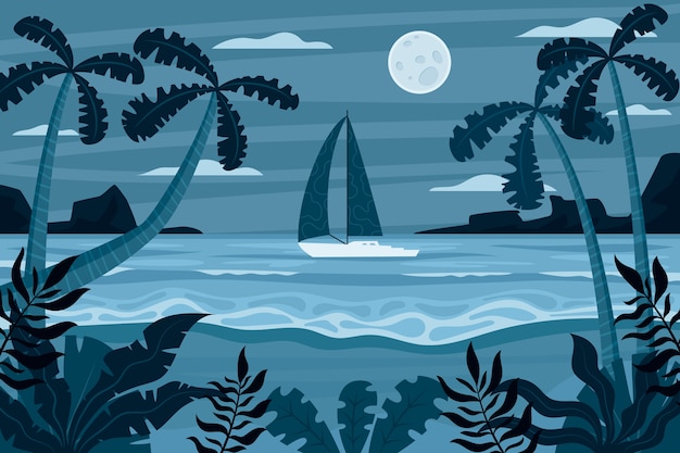 Free vector hand drawn summer night seaside illustration