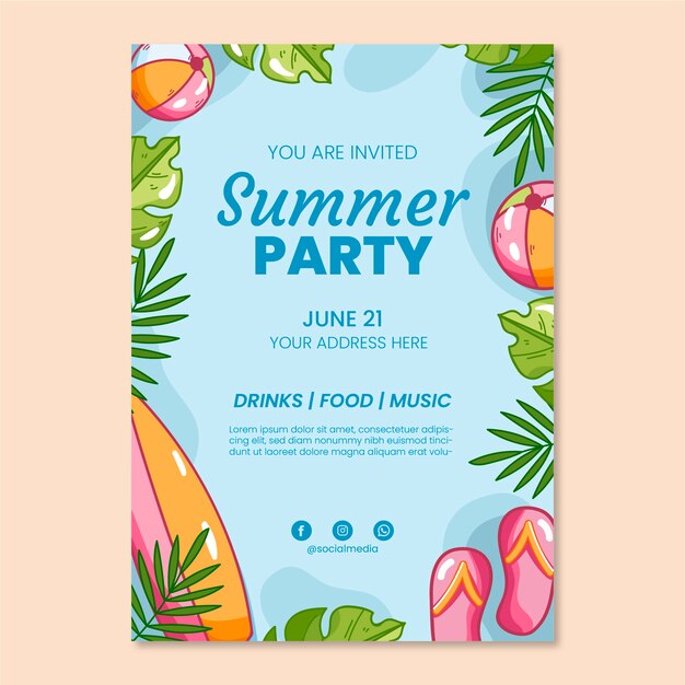 Hand drawn summer party invitation template with vegetation