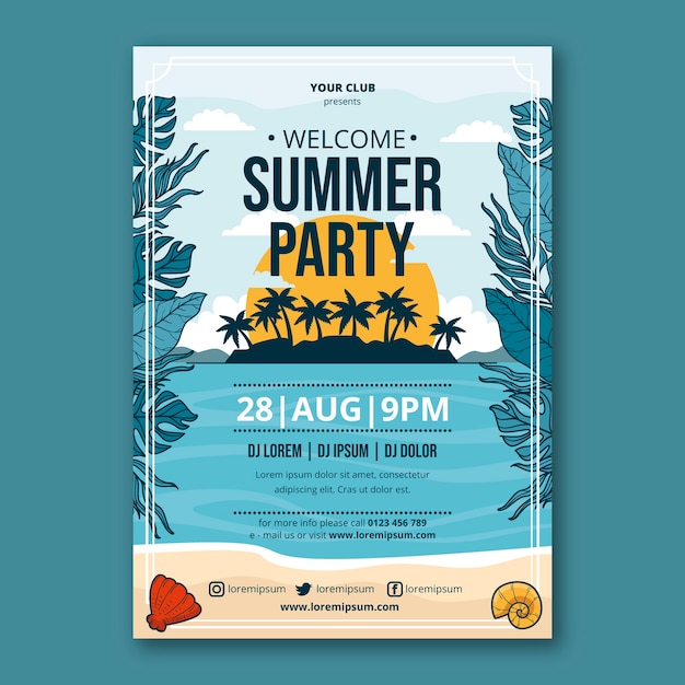무료 벡터 손으로 그린 여름 파티 포스터 템플릿