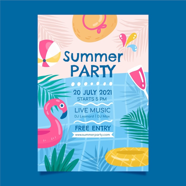 손으로 그린 여름 파티 수직 포스터 템플릿