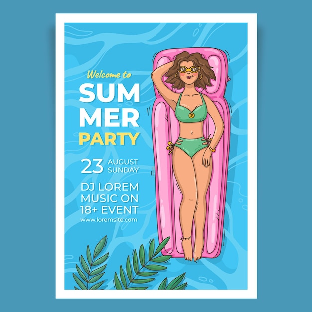 손으로 그린 여름 파티 수직 포스터 템플릿