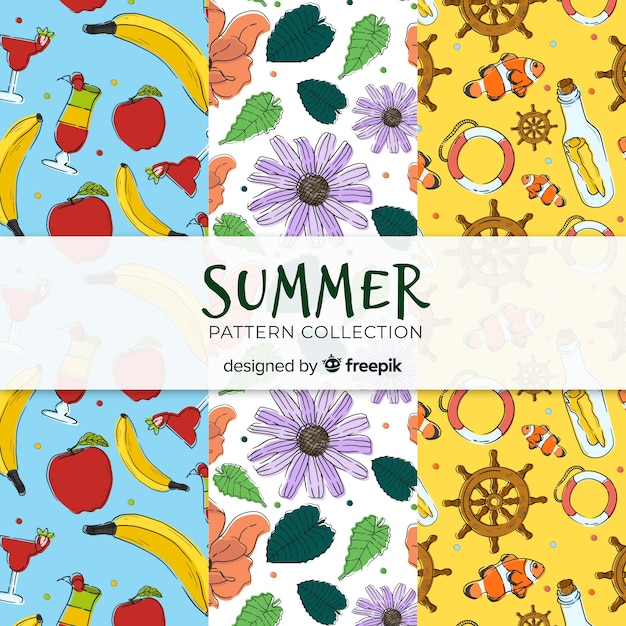 무료 벡터 손으로 그린 여름 패턴 컬렉션