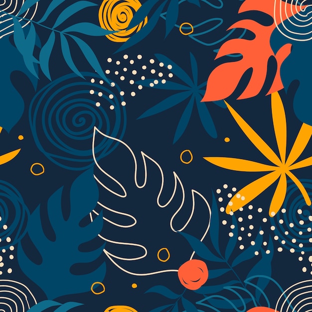 Free vector hand drawn summer pattern with tropical leaves